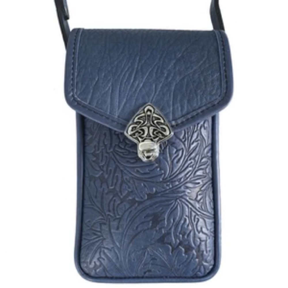 Oberon Design Leather Molly Cell Phone Handbag, Embossed Acanthus Leaf Navy - Picture 2 of 12